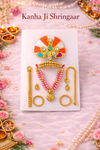 Orange-White Kanha Ji Shringar Jewellery Set with Stone Mukut & Pink Beaded Mala (Handcrafted)