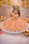 Elegant Peach Velvet Kanha Ji Poshak with Stone Embellishments & Golden Lace – Handcrafted Laddu Gopal Dress
