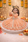 Elegant Peach Pink Sequin Kanha Ji Poshak with Multicolored Trim – Handcrafted Laddu Gopal Dress