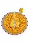 Sunshine Yellow Floral Silk Poshak for Kanha Ji with Multicolor Gota Border (Handcrafted)