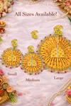 Sunshine Yellow Floral Silk Poshak for Kanha Ji with Multicolor Gota Border (Handcrafted)